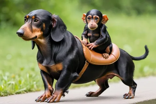 Prompt: Chimp riding Dachshund 