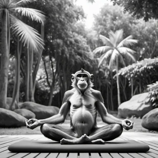 Prompt: Monkey in full lotus yoga pose. Levitating against a background of exotic trees. UHD. Black and white. 