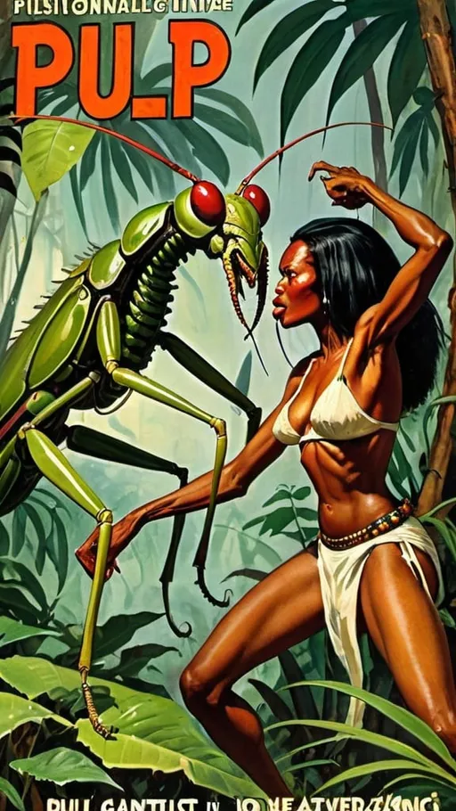 Prompt: African tribal woman fighting giant mantis in jungle. Pulp magazine cover 