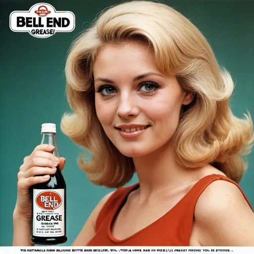 Prompt: Advert for “Bell End Grease”. Pretty Blonde woman holding bottle. 1970s style 