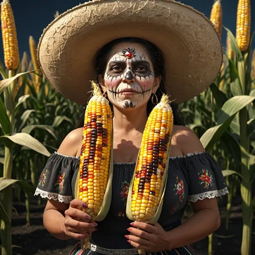 Prompt: Grotesque Mexican corn woman. Full body. Full length. 8K. HDR. UHD. Photorealistic 