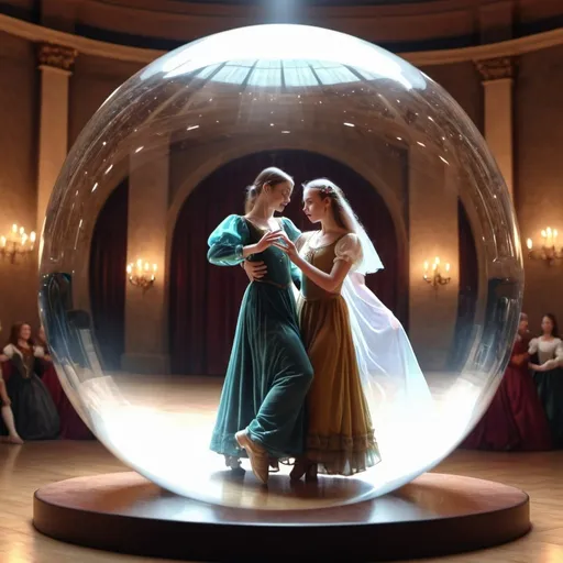 Prompt: Renaissance dancers inside crystal ball. UHD. HDR. 8K. Photorealistic. Professional photography. 