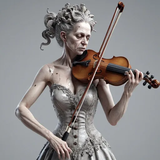 Prompt: Grotesque violin woman. Full body. 8K. UHD. photorealistic. Super detailed. 