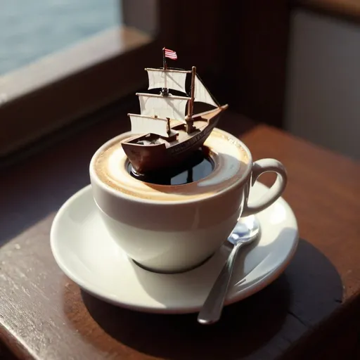 Prompt: Tiny ship in cup of coffee. UHD. 