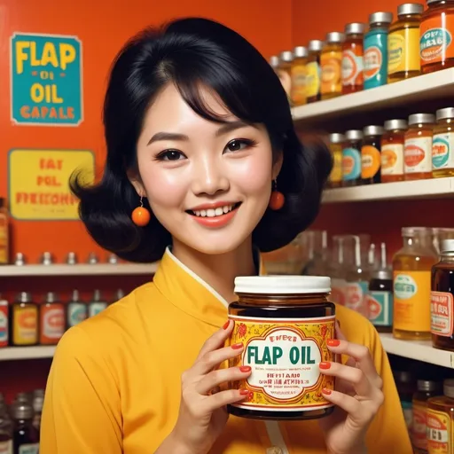 Prompt: Advert for “Flap Oil”. Pretty Asian woman holding jar. 1970s style