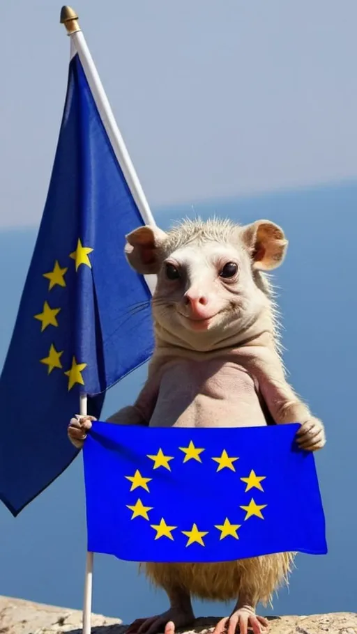 Prompt: Weird animal holding European flag