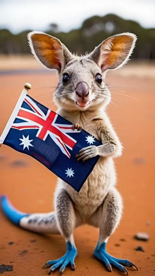 Prompt: Weird animal holding Australian flag