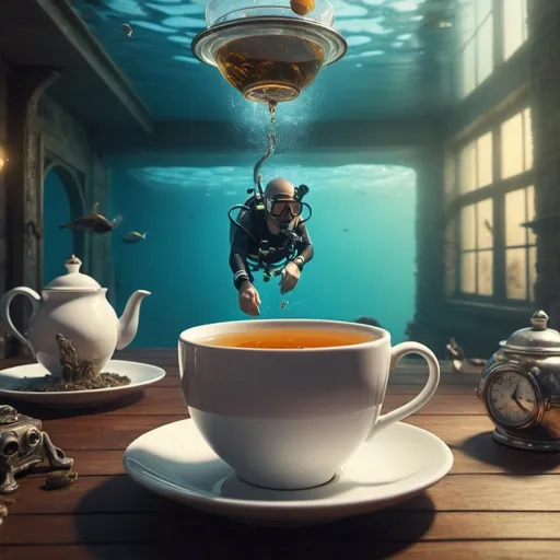 Prompt: Surreal fantasy diving in cup of tea. Surrealism. UHD. 8K. HDR. photorealistic 