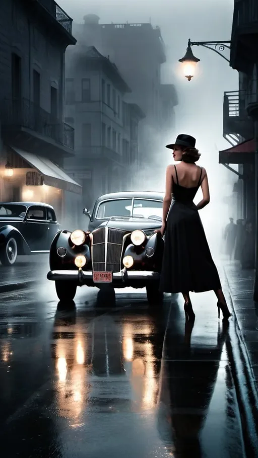 Prompt: Film noir movie poster with beautiful women classic car on misty city street 