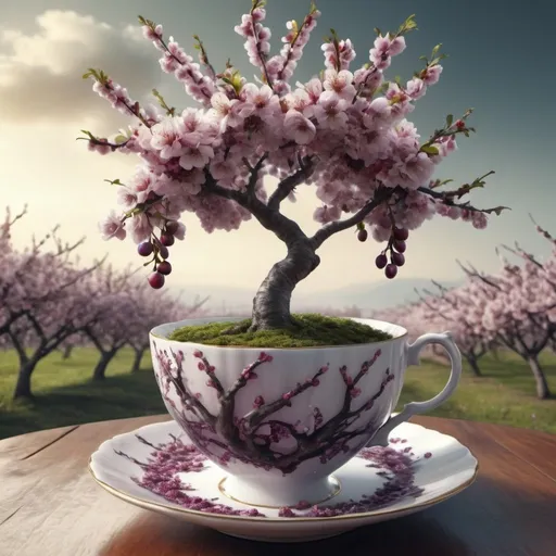 Prompt: Surreal fantasy plum tree in tea cup. UHD. HDR. 8K. Photorealistic. Surrealism 