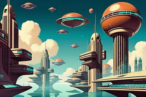 Prompt: Retro futurist floating sky city 