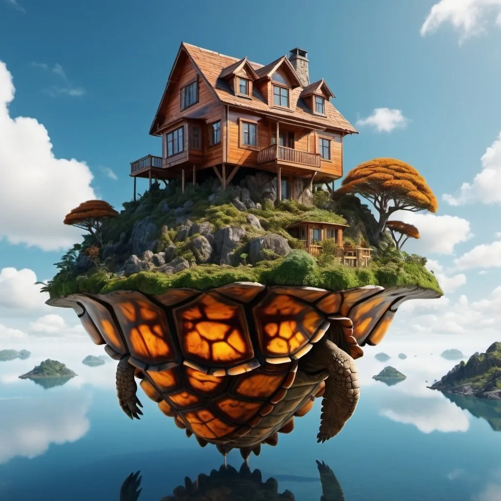 Prompt: 8K. UHD. Super detailed. Tortoise shell  house on flying sky island. Surreal  