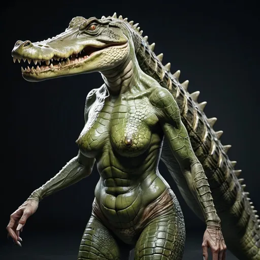 Prompt: Grotesque crocodile woman. UHD. HDR. 8K. Photorealistic. Full length. Full body 