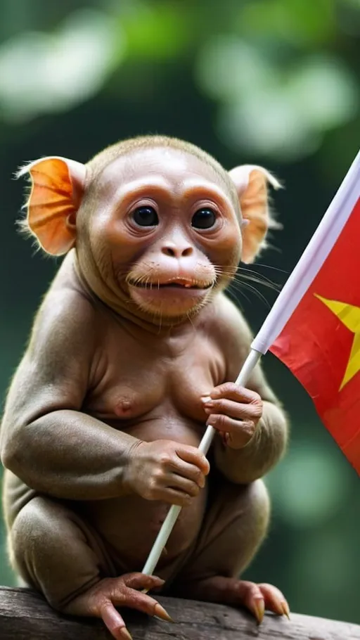Prompt: Weird animal holding Vietnamese flag