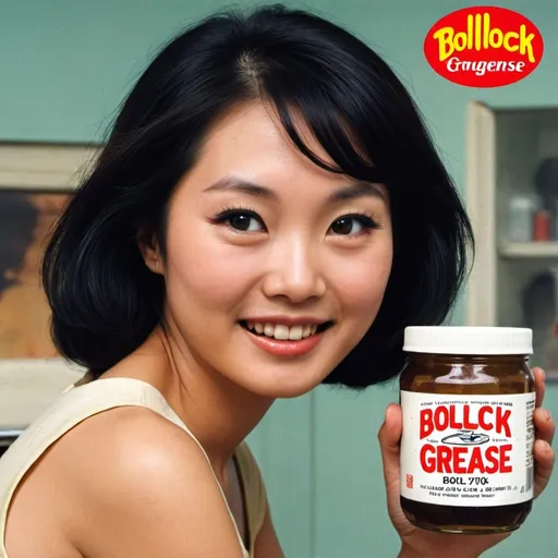 Prompt: Advert for  “Bollock Grease”. Pretty Asian Woman holding jar 1970s style.  