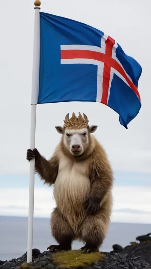 Prompt: Weird animal holding Icelandic flag