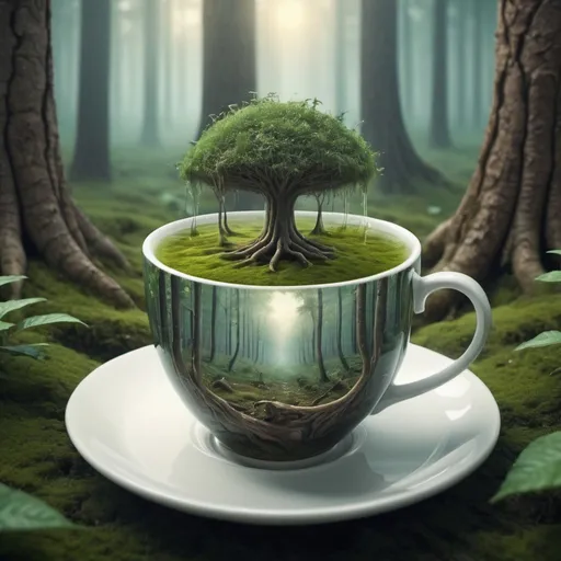 Prompt: Surreal fantasy forest in cup of tea. Surrealism. UHD. 8K. HDR. photorealistic 