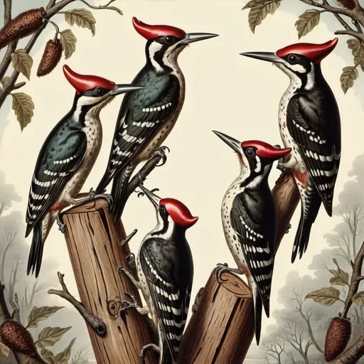 Prompt: Surreal Victorian illustration of different woodpeckers. Surrealism. 