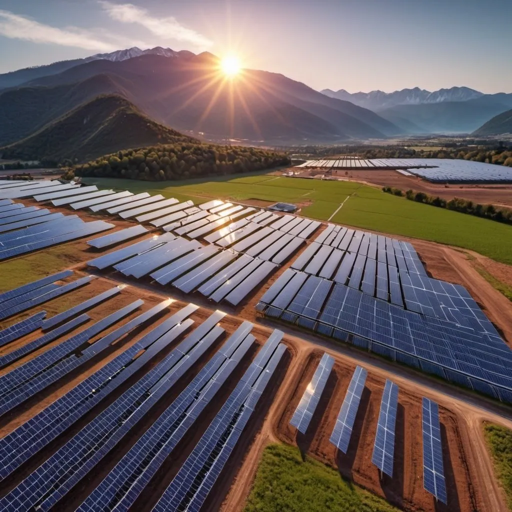 Prompt: Solar farm at sunrise. Mountains. HDR. UHD. 8K. Photorealistic. 