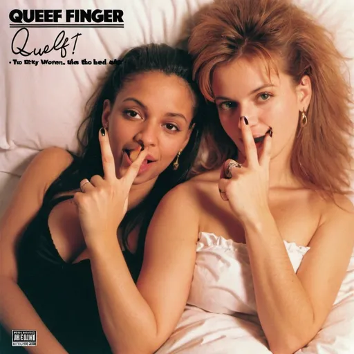Prompt: Album cover called “Queef Finger”. Two pretty women in bed. 1990s style  
