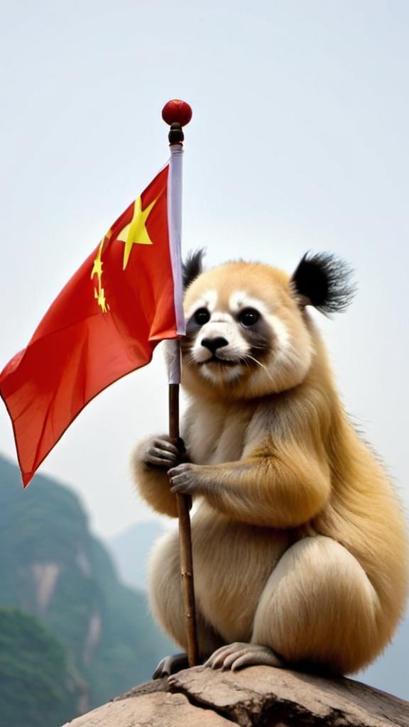 Prompt: Weird animal holding Chinese flag