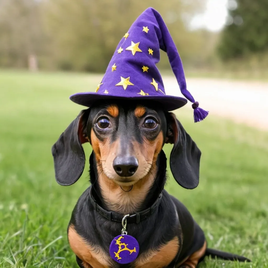 Prompt: Dachshund wizard hat