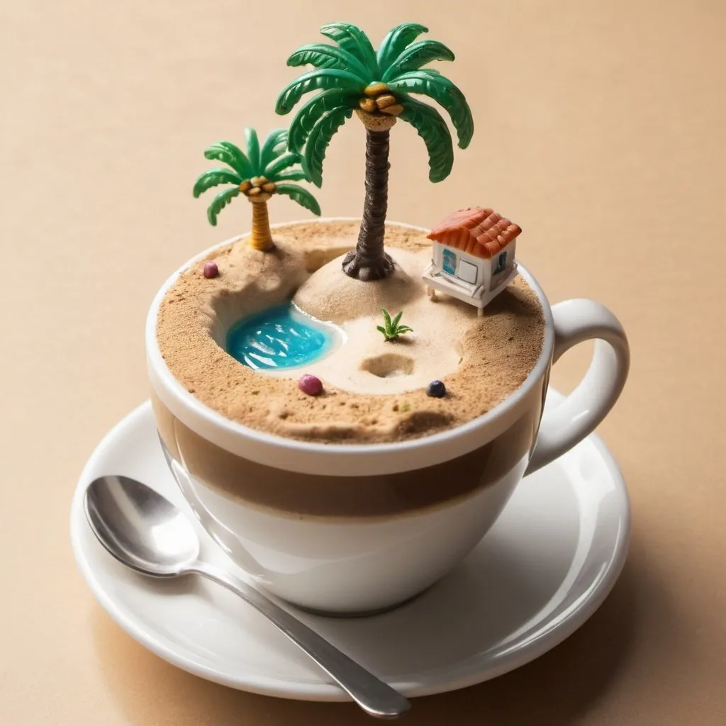 Prompt: Mini desert island floating in cup of coffee