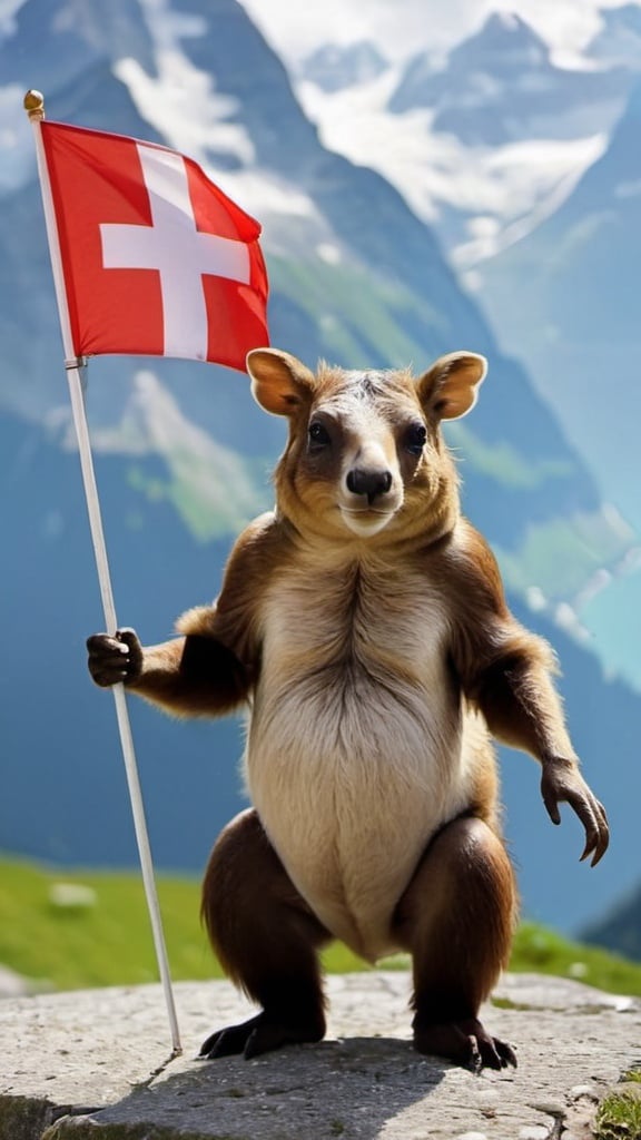 Prompt: Weird animal holding Swiss flag 