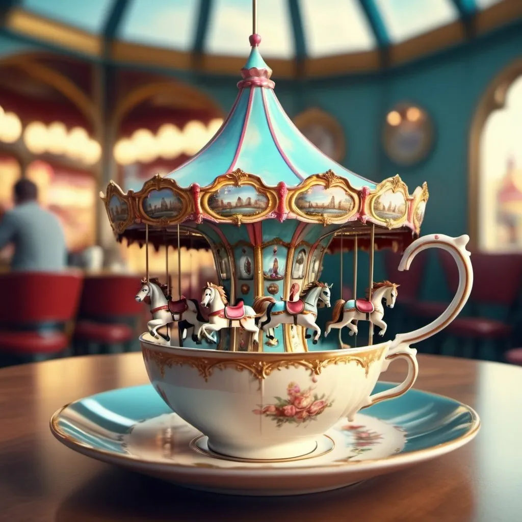 Prompt: Surreal fantasy carousel in cup of tea. Surrealism. UHD. 8K. HDR. photorealistic 