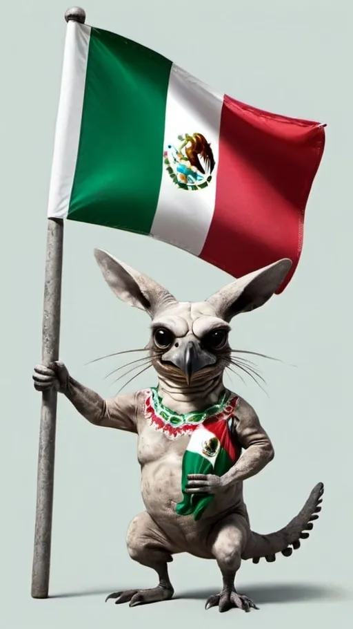 Prompt: Weird animal holding Mexican flag