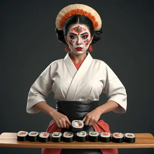 Prompt: Grotesque Mexican sushi woman. Full body. Full length. 8K. HDR. UHD. Photorealistic 