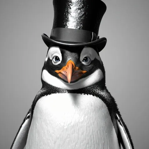 Prompt: Penguin in top hat UHD. HDR. 8K. Photorealistic. Black and white. 