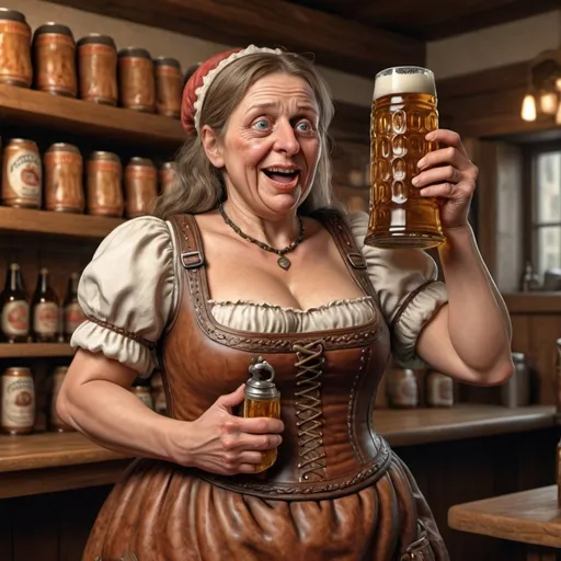 Prompt: Grotesque German sausage woman. Full body. Full length. 8K. HDR. UHD. Photorealistic. Beer stein . 