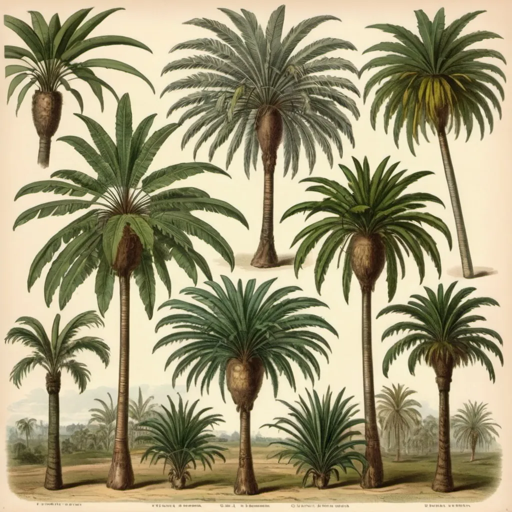 Prompt: Victorian botanical illustration of different palm trees