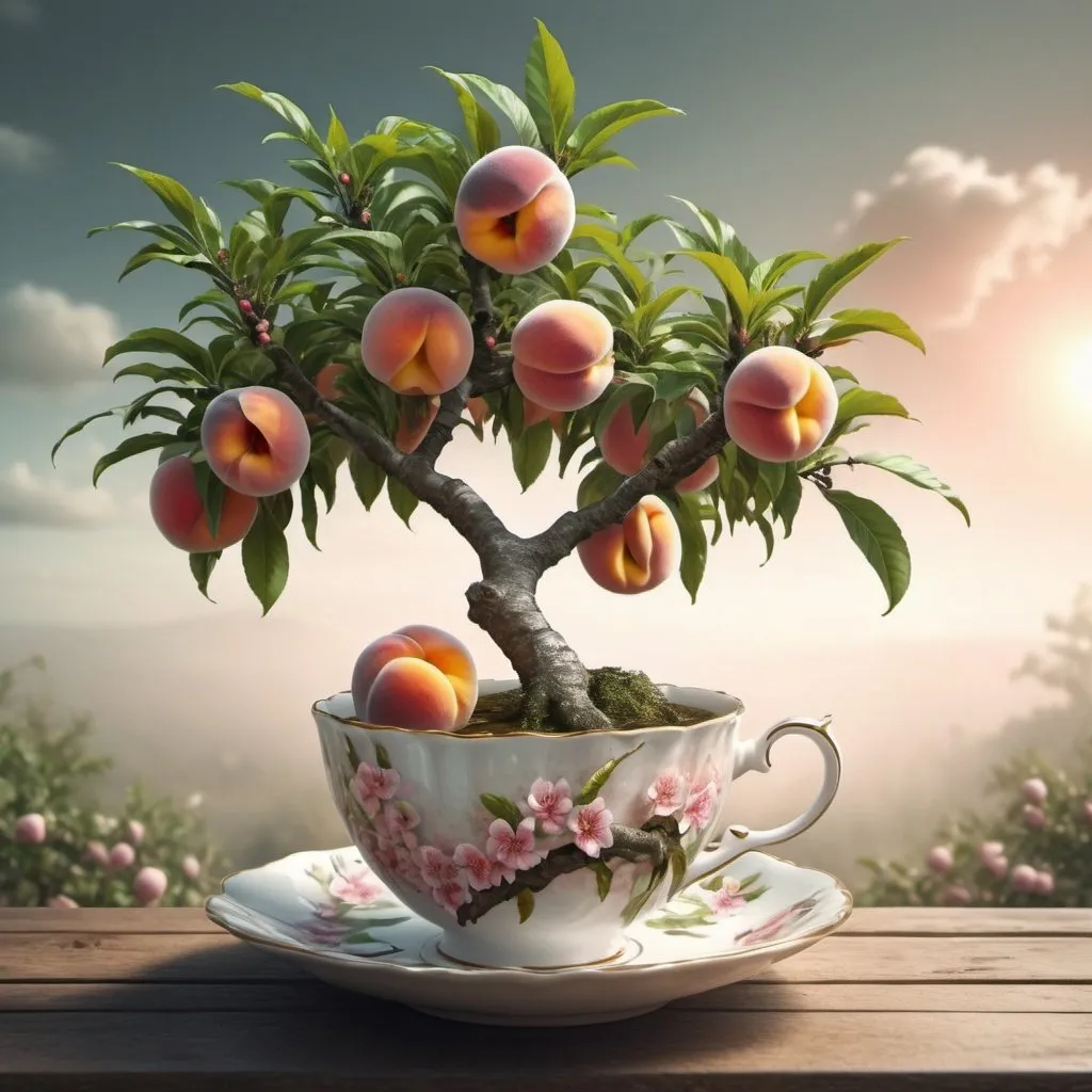 Prompt: Surreal fantasy peach tree in tea cup. UHD. HDR. 8K. Photorealistic. Surrealism 