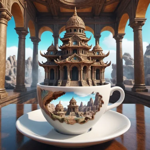 Prompt: Surreal fantasy Exotic temple in cup of tea. Surrealism. UHD. 8K. HDR. photorealistic 