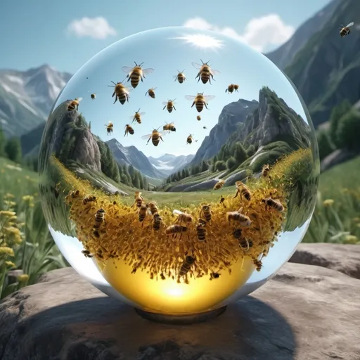 Prompt: Surrealism. Glass ball filled with bees floating in mountain valley. UHD. HDR. 8K. Hyper detailed. 
