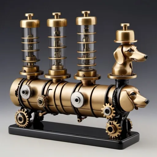 Prompt: Surreal mechanical dachshunds. Tubes. Cogs. Valves. Ceramic. Brass 