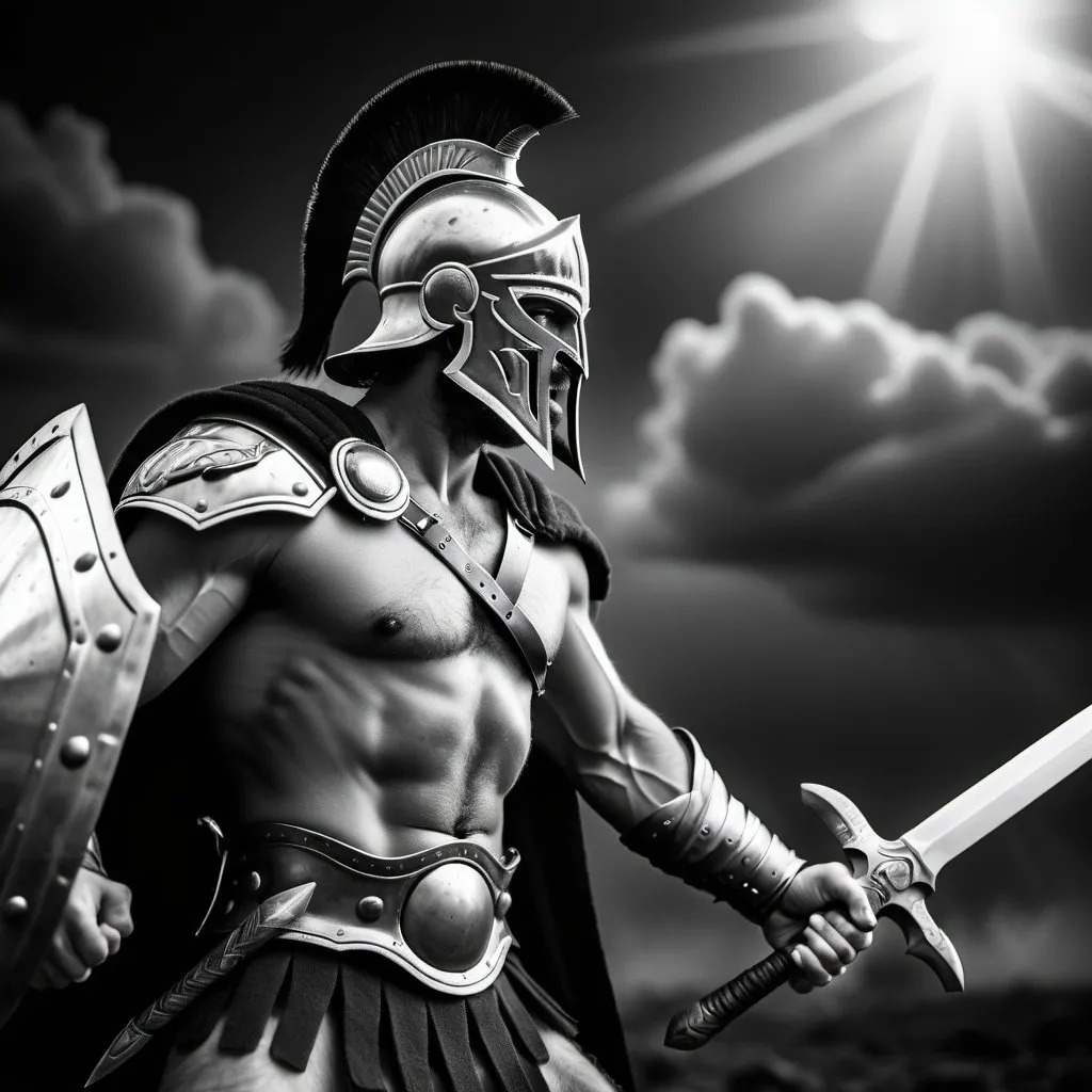 Prompt: God Ares in battle. Photorealistic. Professional photography. Black and white. 
