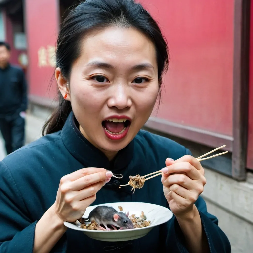 Prompt: Chinese woman eating a rat