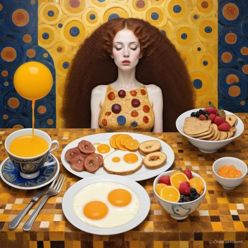 Prompt: Surreal breakfast. Style of Klimt. 