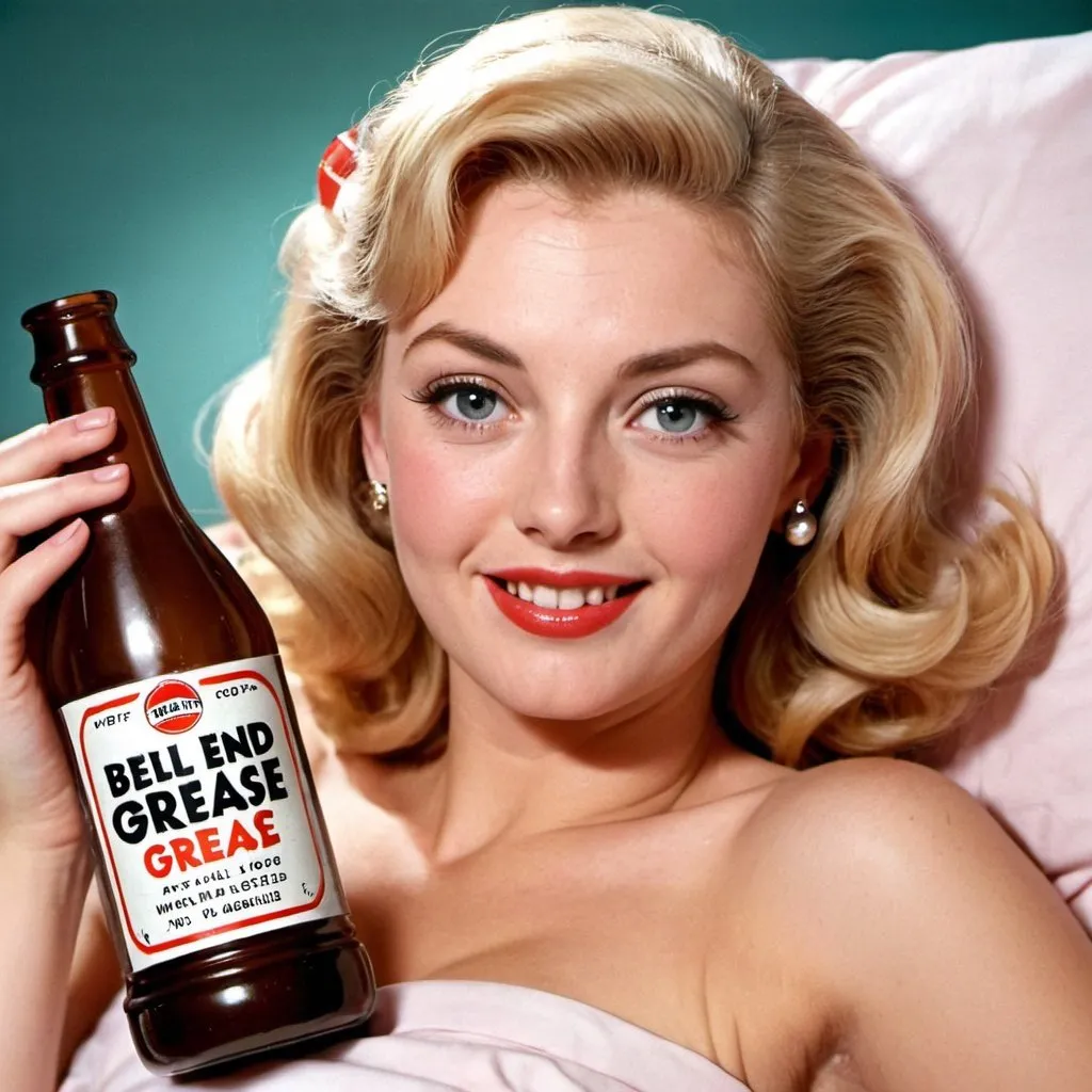 Prompt: Advert for “Bell End Grease”. Pretty Blonde woman in bed holding bottle. 1950s style 