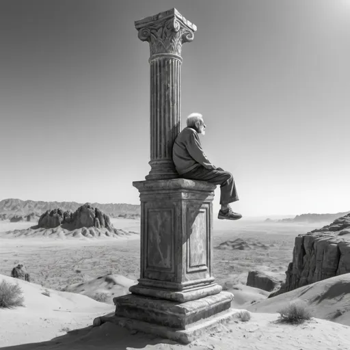Prompt: Old man sitting on top of column in middle of desert. 8K. Black and white. HDR. Super detailed. Photorealistic 