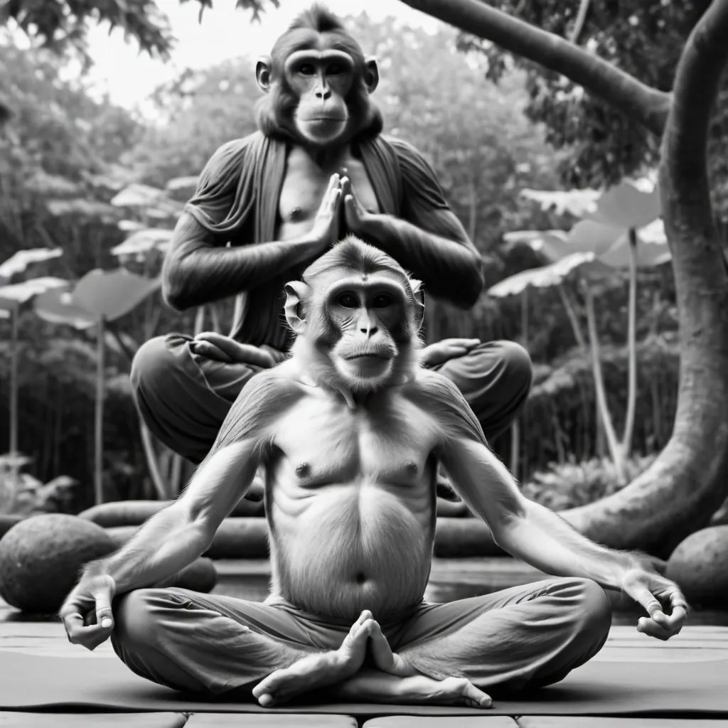 Prompt: Monkey in full lotus yoga pose. Levitating against a background of exotic trees. UHD. Black and white. 