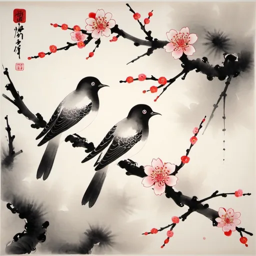 Prompt: Plum blossom and birds. Japanese ink painting 