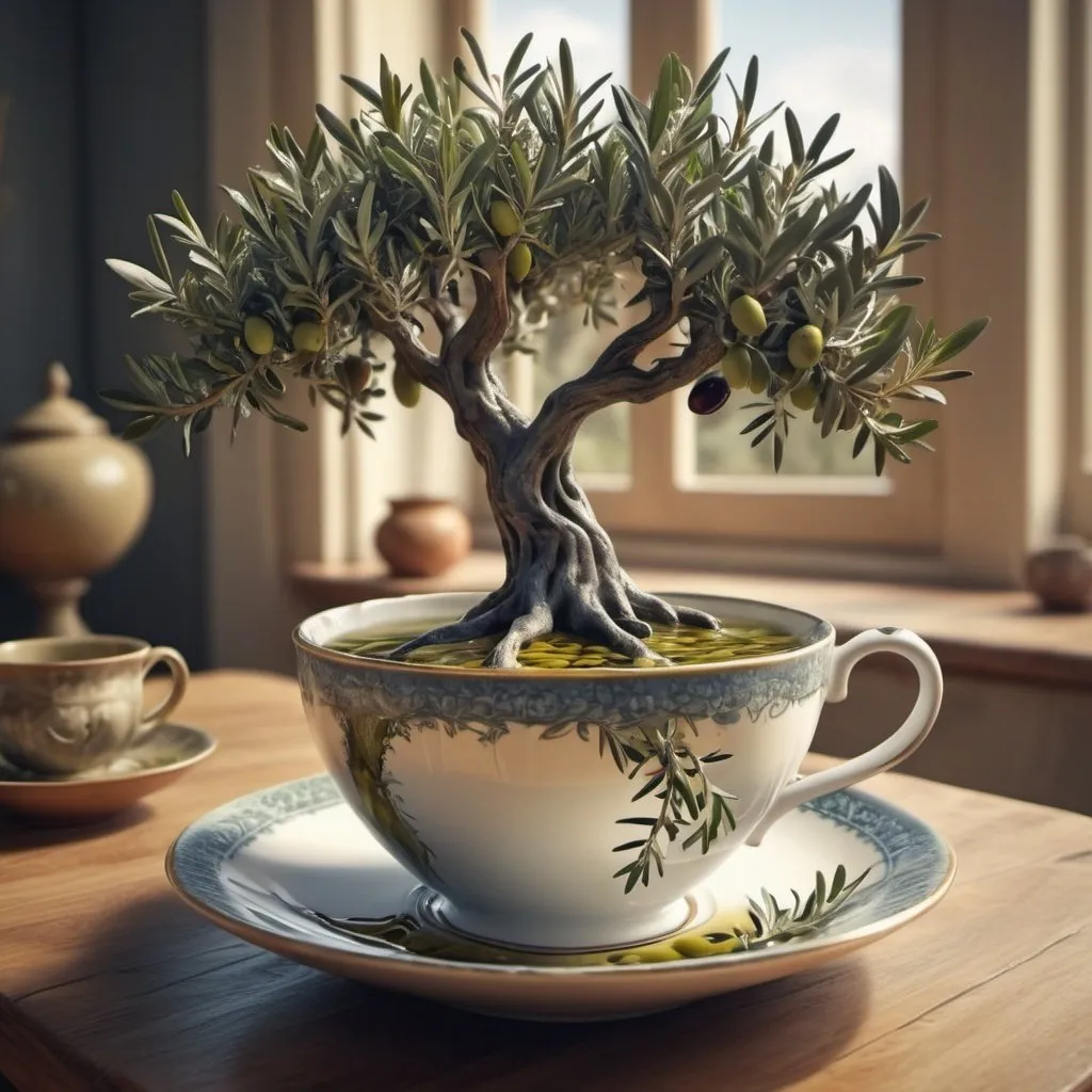 Prompt: Surreal fantasy olive tree in tea cup. UHD. HDR. 8K. Photorealistic. Surrealism 