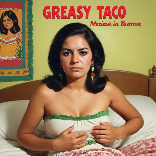 Prompt: Album cover called “Greasy Taco”. Mexican Woman in bedroom.  1970s style. 