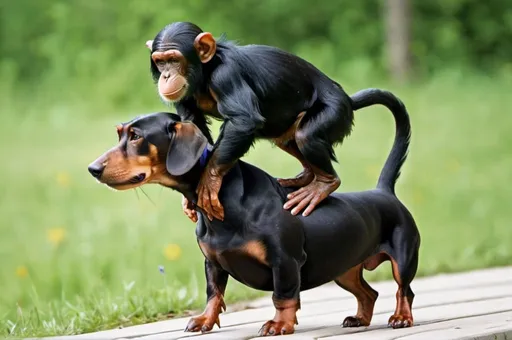 Prompt: Chimp riding Dachshund 