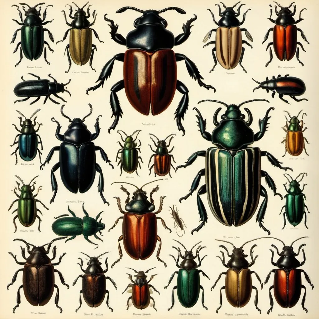 Prompt: Victorian zoological illustration of different beetles