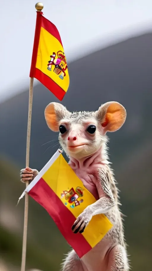 Prompt: Weird animal holding Spanish flag